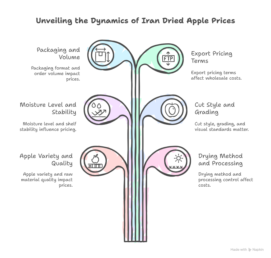 What factors shape Iran dried apple wholesale prices?